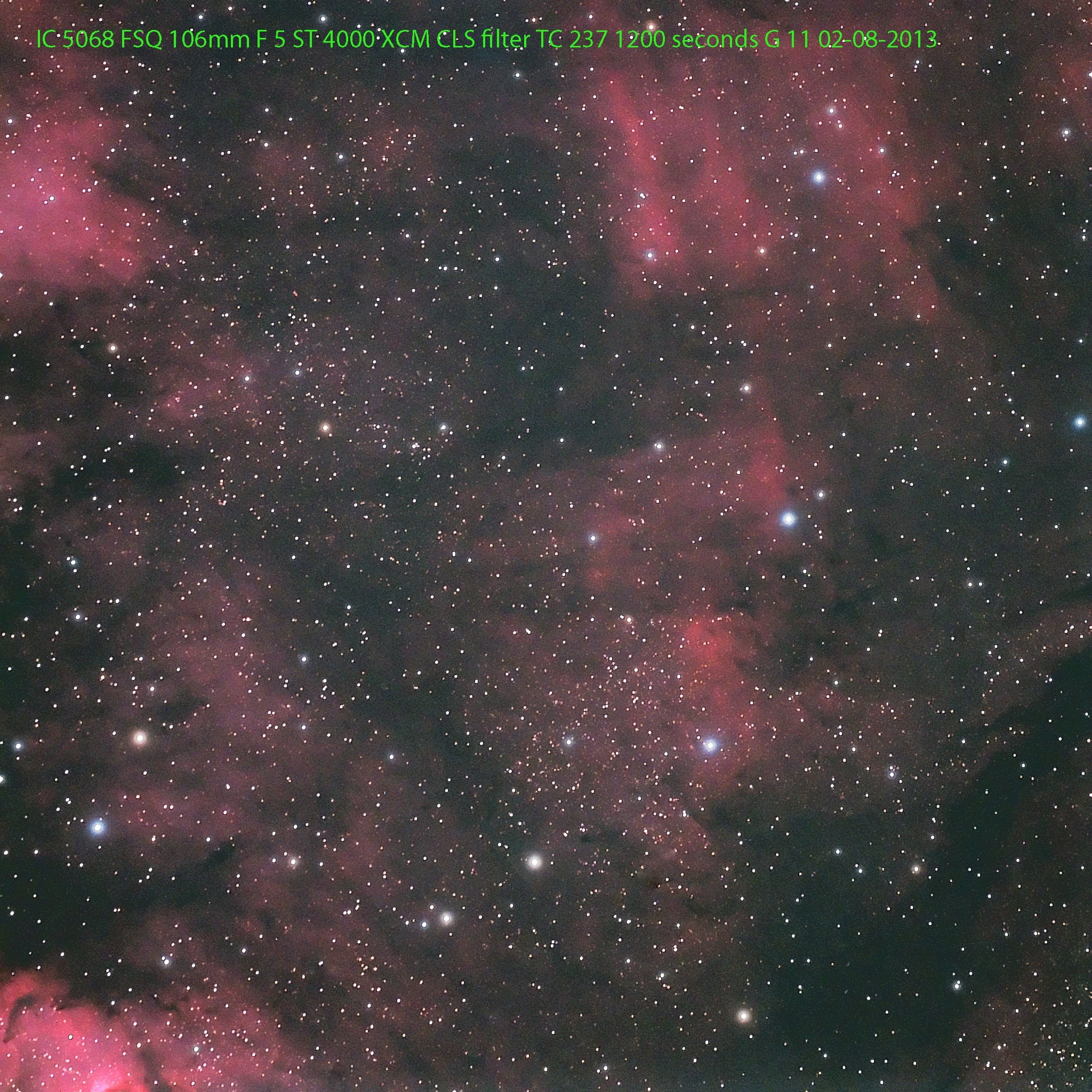 Op de opname staan de gegevens vermeld, een stel gaswolken in de Zwaan, IC 5068. Bedankt voor het ki