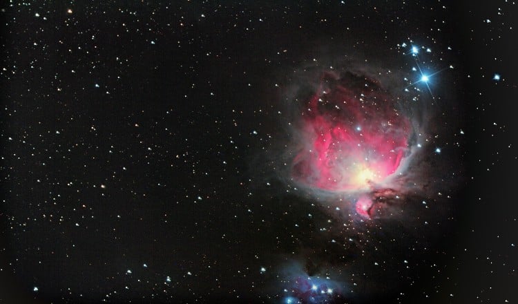 Ik heb mijn vorige M 42 wat opgepoetst in PI, Nebulosity en PS 5. Nu zie je het grote beeldveld van