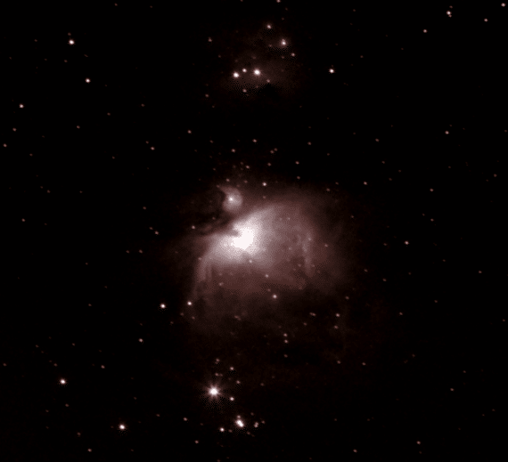 De Orion nevel van afgelopen zondag morgen ca 1,00 uur t = 1/30, F5,6 ISO 1600 met Hutech LPS filter