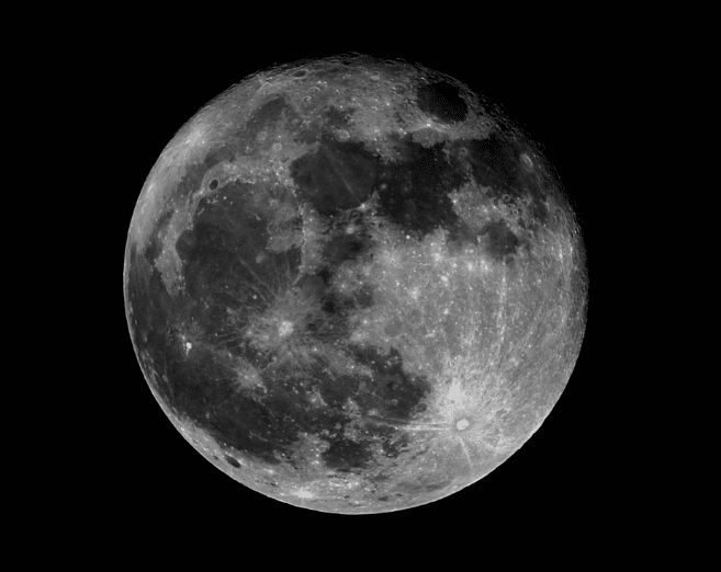 Volle Maan vanmorgen (5/2) om 0,30 uur t=1/50 ISO 200 40 frames in Regisstax +wavelets Volle Maan 0,