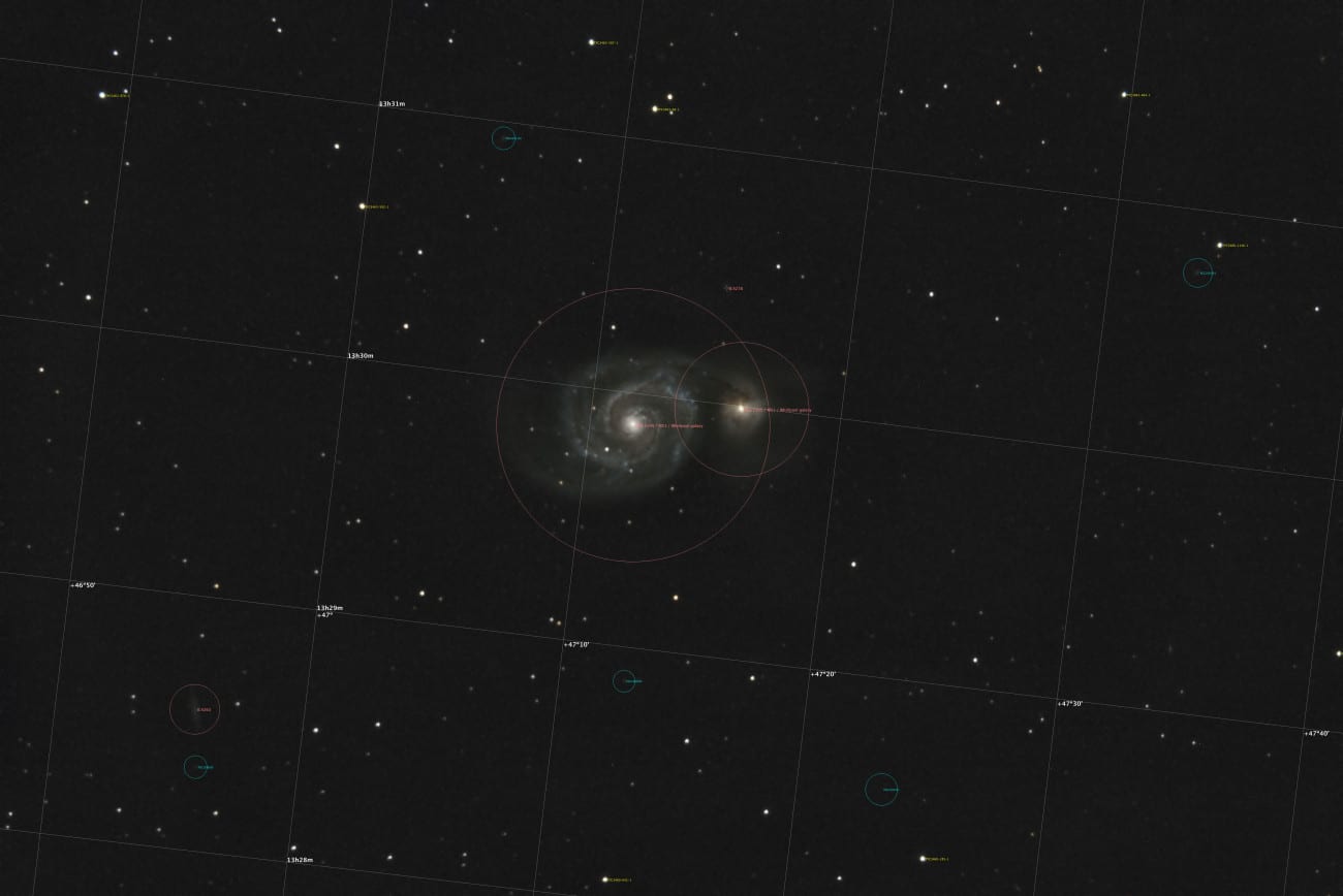 Het image van M51 (de Whirlpool Galaxy!) van 11 juni 2015, Canon 7D MII ISO 1600, 120s, 25 frames ge