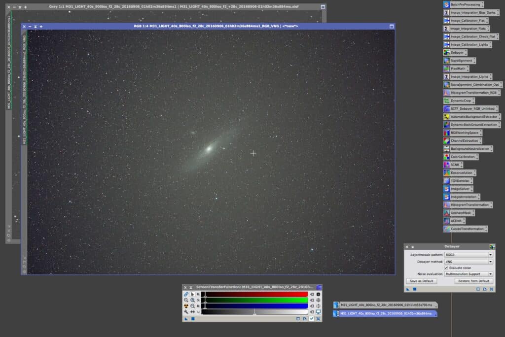 Debayering van het geïntegreerde light frame met SCTF functie en RGB unlinked.