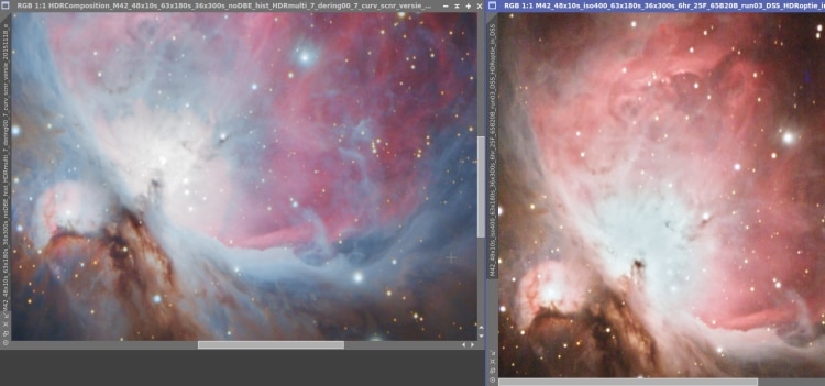 En tenslotte de HDRComposition van Pixinsight versus de HDR stack van DSS. Pixinsight wint nog steed