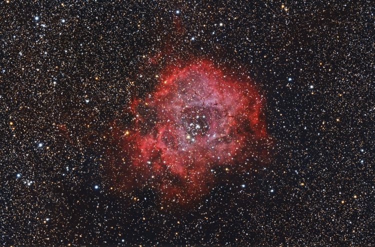 NGC 2237 de Rosette nevel. Canon 6D en Esprit 100. 40×60 seconden+40×240 seconden, 3.3 uur