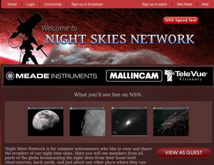 Night Skies Network. Een wereldwijd netwerk waar astroVIDEOgrafen hun camerabeeld streamen. Klikken
