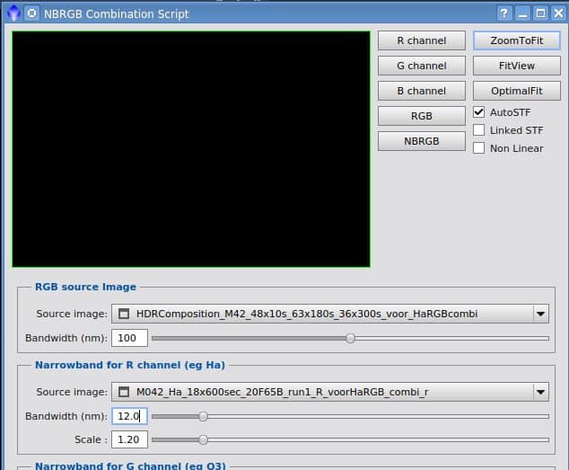 Of je gebruikt het NBRGB script. Eerst de Ha stack en RGB stack met DBE bewerken en dan het script t