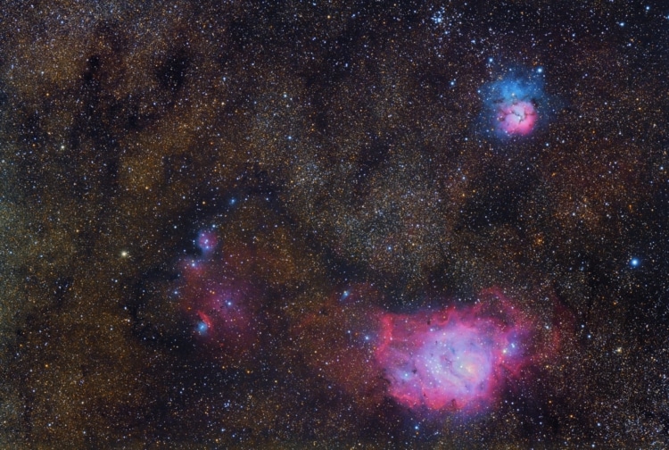 Lagoon en Trifid (M8 & M20). Vannacht gemaakt met de Esprit 100 en Canon 6Da. Laag in het zuiden
