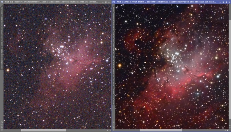 Links: 1 sub van 180 seconden iso 1600 verwerkt in Pixinsight. Rechts, slechts 28 subs, maar gekalib