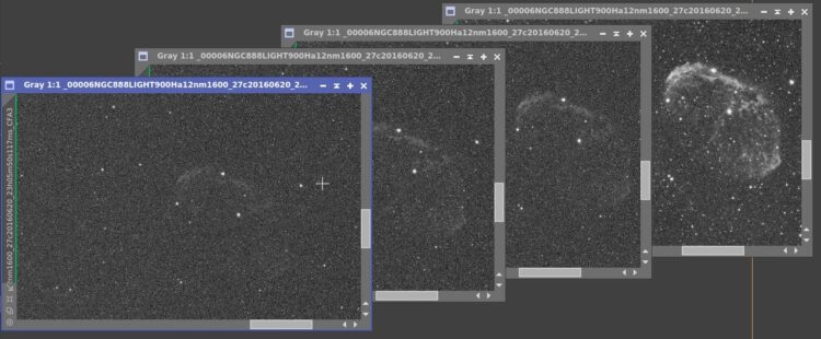 Dit is het beeld van de 4 bestanden na splitCFA op 1 raw 12nm Ha bestand. Ik zie in alle 4 kanalen s