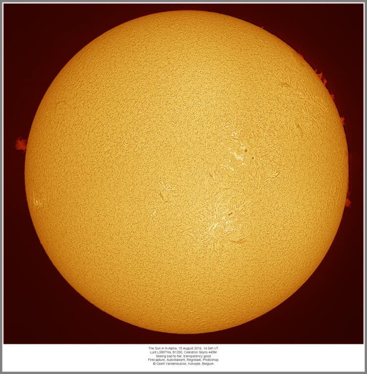 De Zon in H-alfa, opname van 15 augustus 2016. Het is een mozaïek van 4 opnamen. Opname details ond