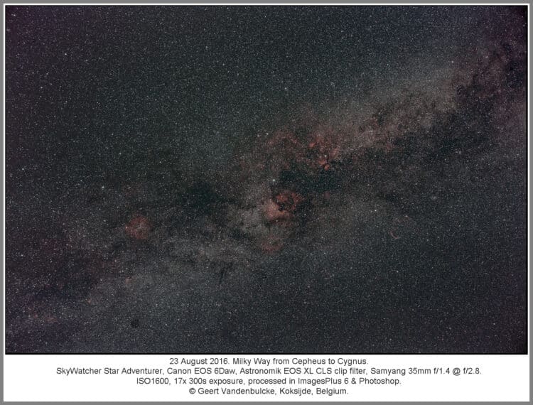 In de nacht van 23 augustus 2016 mijn Canon EOS 6Daw en Samyang 35mm op mijn Star Adventurer reismon