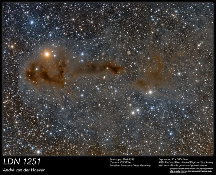 Deze opname toont Lynds Dark Nebula 1251 in het sterrenbeeld Cepheus. De opname werd gemaakt vanaf m