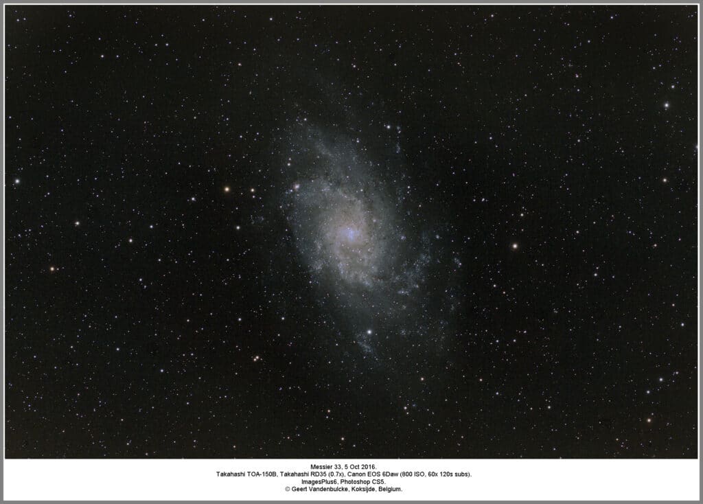 Hierbij een opname van 5 oktober 2016, Messier 33. 60 maal 2 minuten belicht (+darks +bias). Verdere