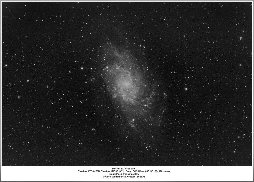 Hierbij een opname van 5 oktober 2016, Messier 33. 60 maal 2 minuten belicht (+darks +bias). Verdere