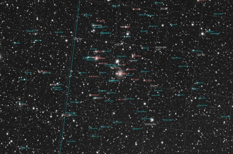 De NGC507 groep in het sterrenbeeld Vissen heeft zo’n 22 leden met afstanden tussen 200 en 250
