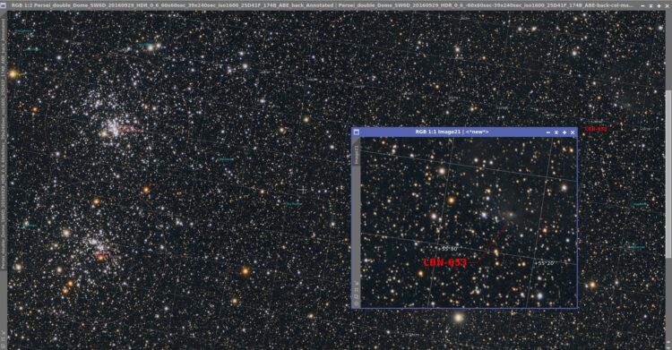 Tijdens het bewerken van een opname van de Perseus Double Cluster viel mij een nevelachtig gebiedje