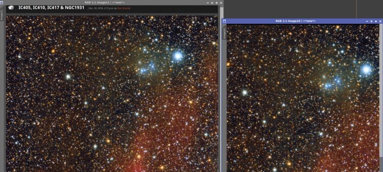 Zie vergelijkingsscreenprint met links “Full resolution” weergave op Astrobin, en rechts