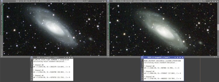 Dit keer 102 lightframes van de M106 regio gebruikt. Standaard stack (met darks, flats en bias) in D
