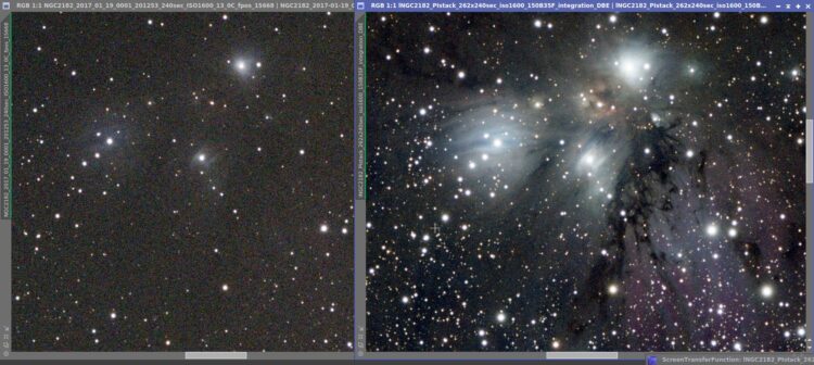 Mooi om te zien hoe zwak de nevels in het gebied van NGC 2170, NGC 2182, NGC 2183, NGC 2185, VdB 68,