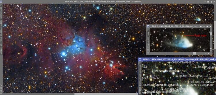 Tijdens het beoordelen van een “tussenstack” met nog te weinig data van de NGC2264 regio