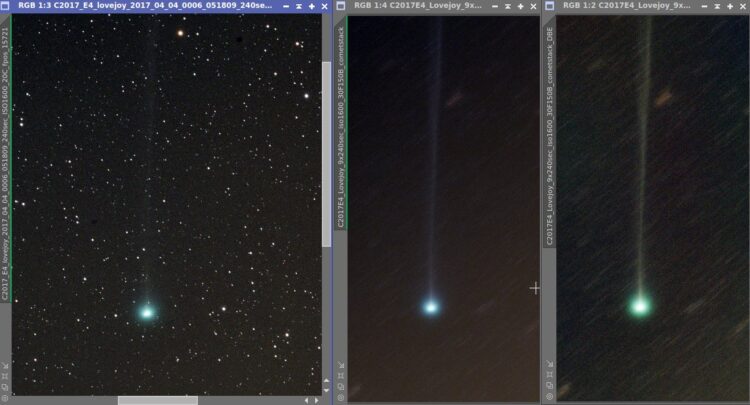 Naast elkaar, een enkele sub, de cometstack 9×240 sec en de cometstack na DBE.C2017E4-Lovejoy-s