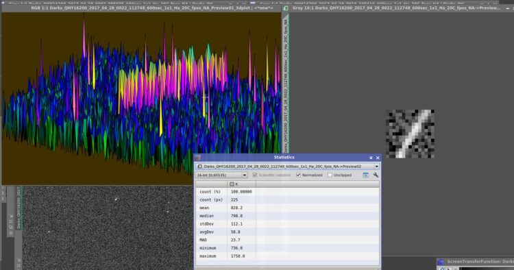 And some statistics, the cosmic ray has 1758 ADU, average=828 and sdev=112, so 828+3×112=1164.