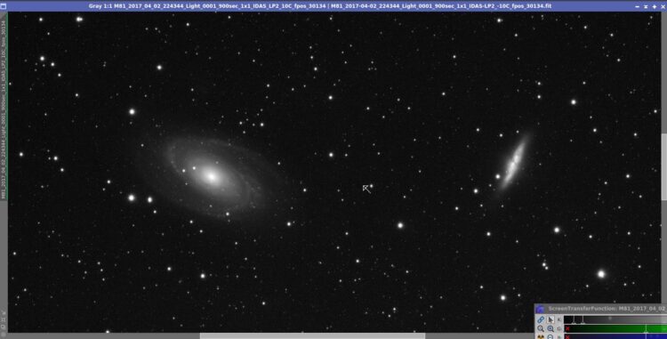 En tenslotte een 100% deel uit1 enkele sub van M81/M82, 900 seconden, zo uit de camera met autostret
