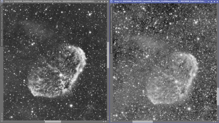 QHY16200 mono CCD met 6mu pixels en -20C sensor+ 7nm Ha filter vergeleken met Canon 6Da met 6.5 mu p