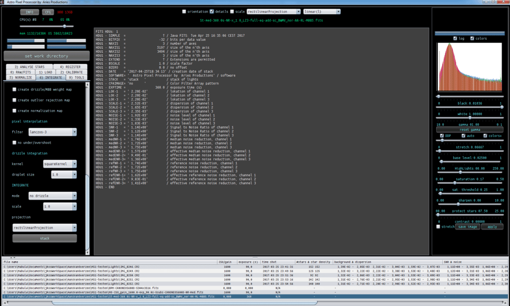 Astro Pixel Processor M51 4x90sec stack statistics