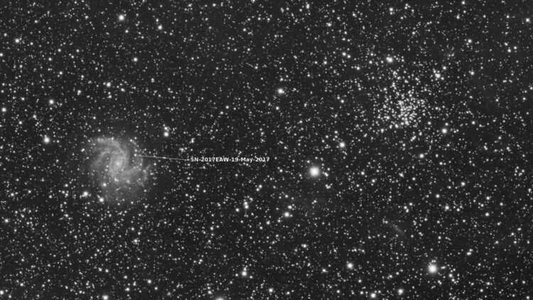 Deze opname van Supernova SN2017EAW in NGC6946 is beter gelukt, 30x 300sec luminance bin 1×1 op
