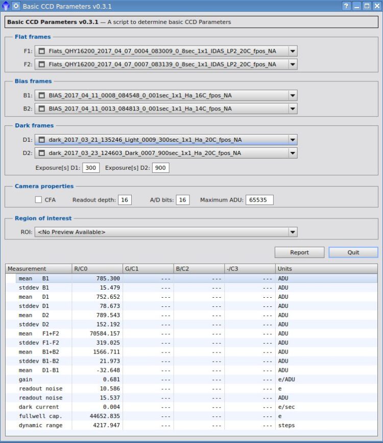 Extra meetdata voor o.a. Full well data en read noise bepaald met het PI Basis CCD Parameters script