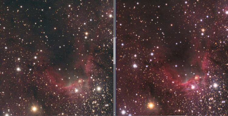 Sprokkel, sprokkel. Links 8 uur RGB, rechts 13 uur RGB. (Gestretched , verzadiging omhoog en DarkStr