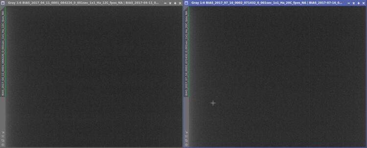Links: Bias frame gemaakt in april, rechts Bias frame gemaakt in juli. Let op de bad column in de(he