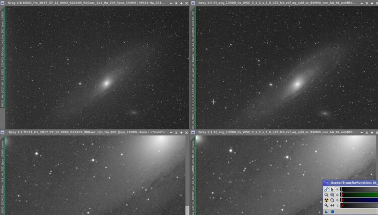 Dit is een enkele 15 minuten ruwe 6nm Ha sub links en 20x 15 min rechts. Op f5.6 met CCD op -20CM31-