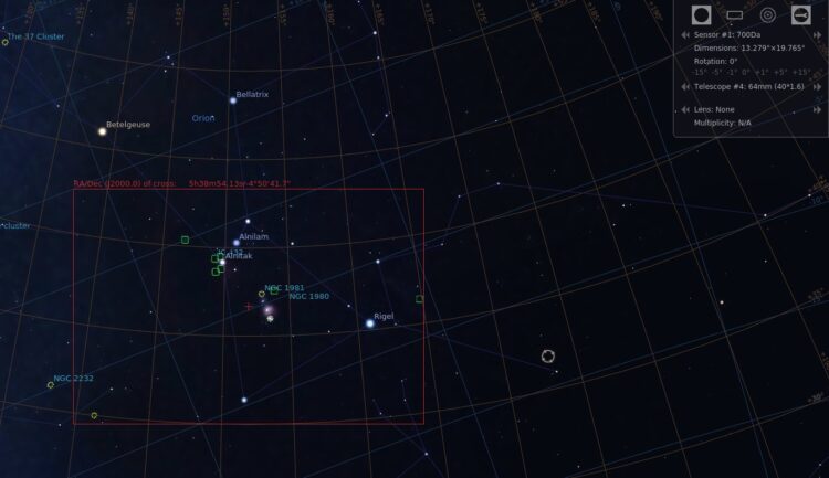 Stellarium is gratis Hans en je kan heel eenvoudig verschillende lenzen en camera’s invoeren v