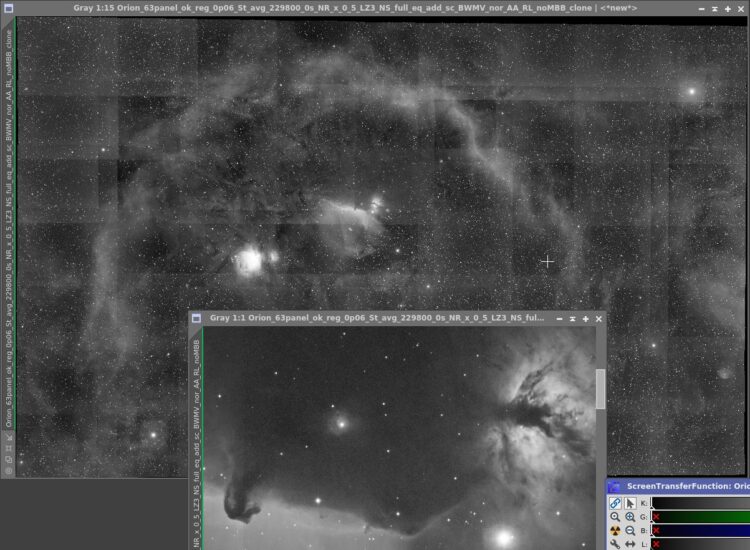 Registratie van 63 panelen in Astro Pixel Processor gaat nu goed met RMS=0.06 pixels. Dit is een tes