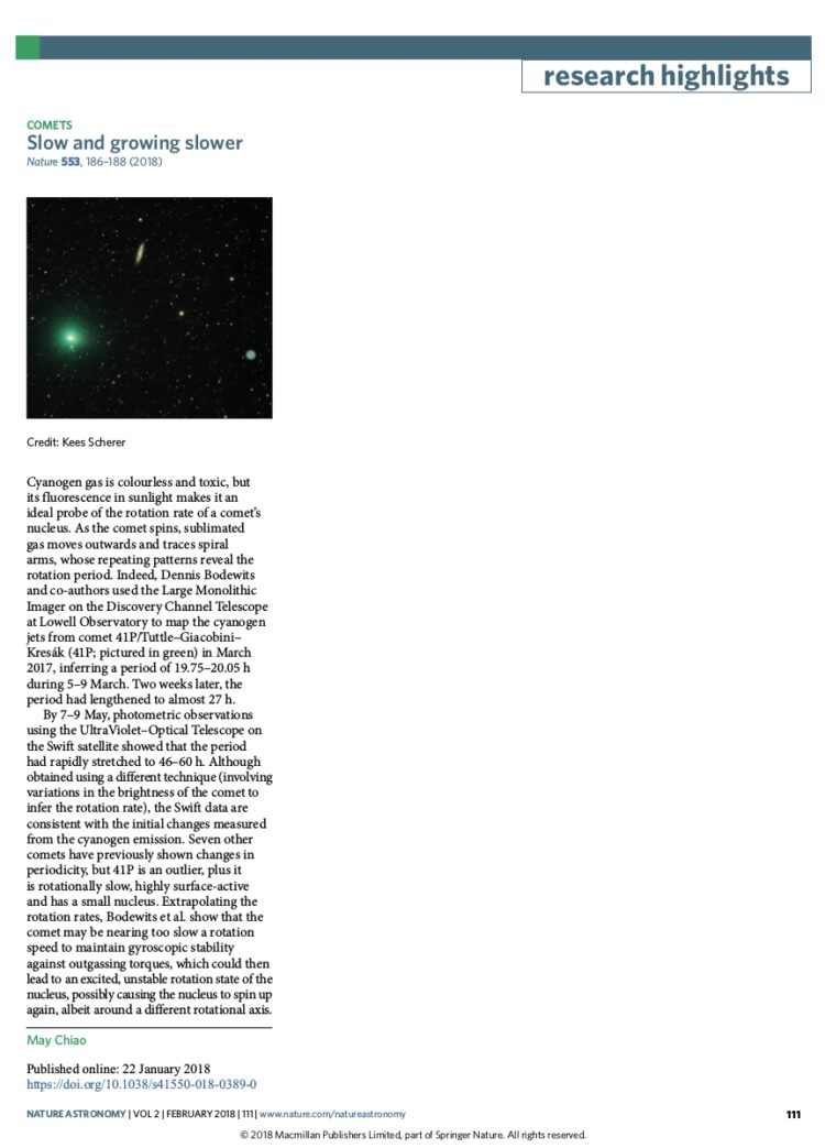 Mijn foto is gebruikt in het februari 2018 nummer van Nature Astronomy in bijgaand artikel over 41P/