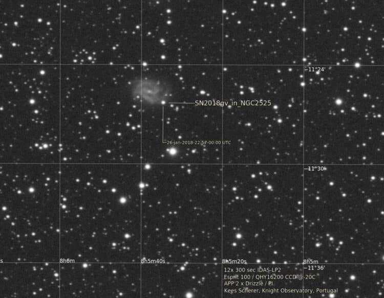 Deze Supernova wordt snel helderder en geeft nu meer licht dan heel NGC2525. Afgelopen nacht opgenom
