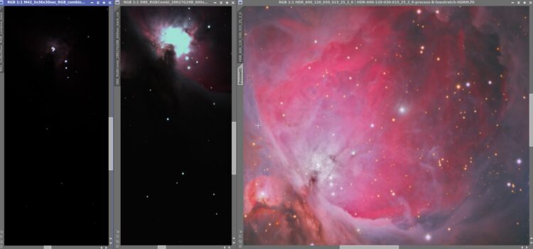 De HDR voor het centrale deel doe ik met Pixinsight Frank. Op deze schermprint zie je links een onge