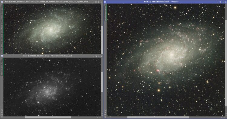 De basisbestanden met Screentransferfunction autostretch.M33-RGB+Ha=HaRGB