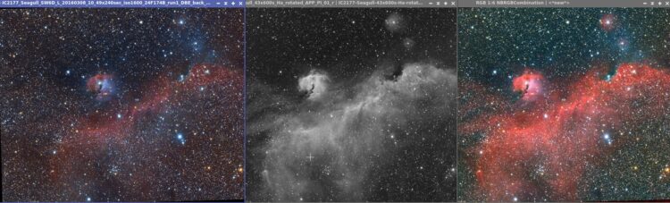 Links, de oorspronkelijke RGB van de Canon6D, midden Ha van QHY16200 en rechts de NBRGB combi.Seagul