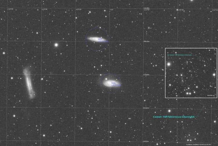 Klinkt spectaculair, een Komeet bij het Leo Triplet, maar met magnitude rond 17 is er niet veel van 