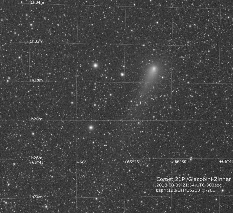 21P Giacobini-Zinner is nu te zien in Cassiopeia (en zal dan ook voorkomen op veel Perseiden foto