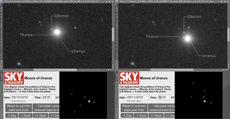 De Esprit 100 is met 550 mm brandpuntsafstand niet de aangewezen telescoop om manen van Uranus te fo
