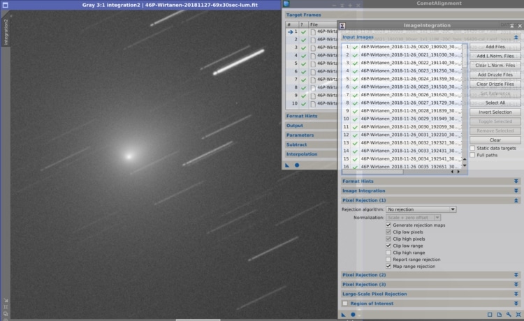 De stack van de 30 seconden subs ziet er zo uit. Alle subs gecalibreerd in AstroPixelProcessor en da