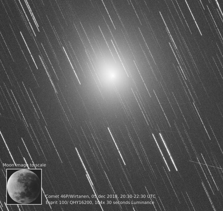 5 december, 2018: Met de maan als vergelijkings object is de 46P/Wirtanen coma afmeting mooi zichtba
