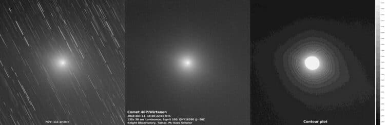 Een drieluik, 14 december 2018 met van links naar rechts: CometStack no rejection van 130x 30 second