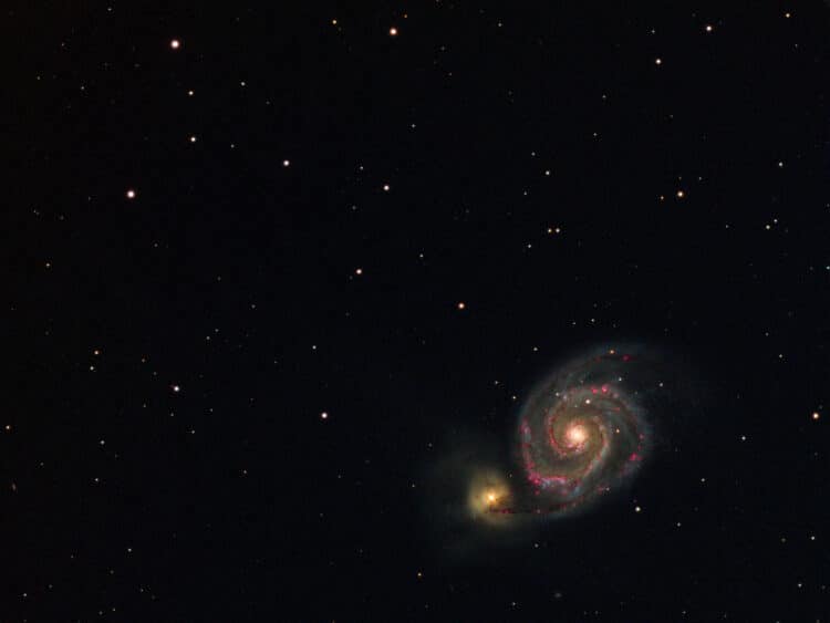 Eergisteren nog wat data bijgeschoten van M51, wederom unguided, in totaal nu 30x 120s lum, Ha, O-ii