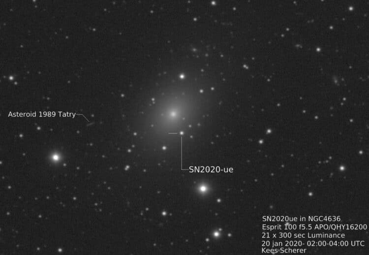 Opnamedatum: 20 januari 2020 tussen 02:00 en 04:00. SN2020ue is een type 1a supernova in NGC4636 op 