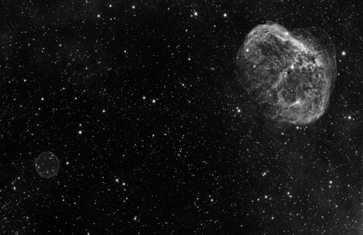 Crescent Nebula & Soap Bubble, 58 X 1800s, Astrodon OIII 3nm, QHY23 Mono camera, APM APO 107/700